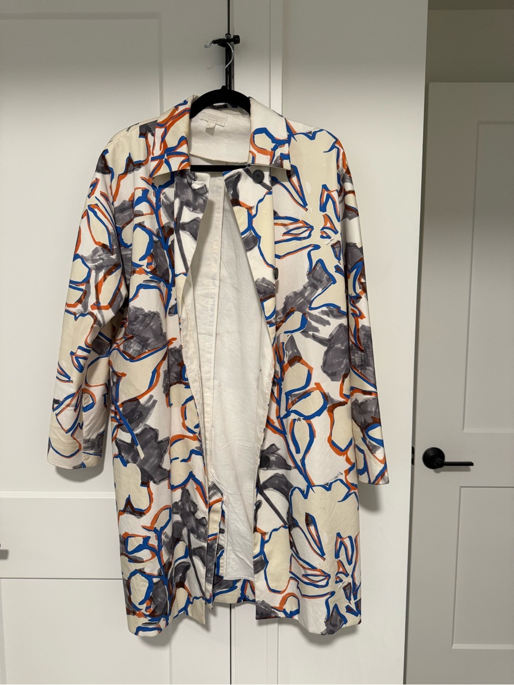COS | Abstract Print Women's Long Coat - White with Blue, Orange & Gray